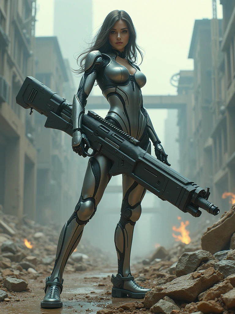 A cyborg woman trying to conquer a naked man