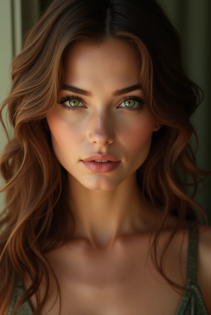 beautiful woman, eyes green, brun
