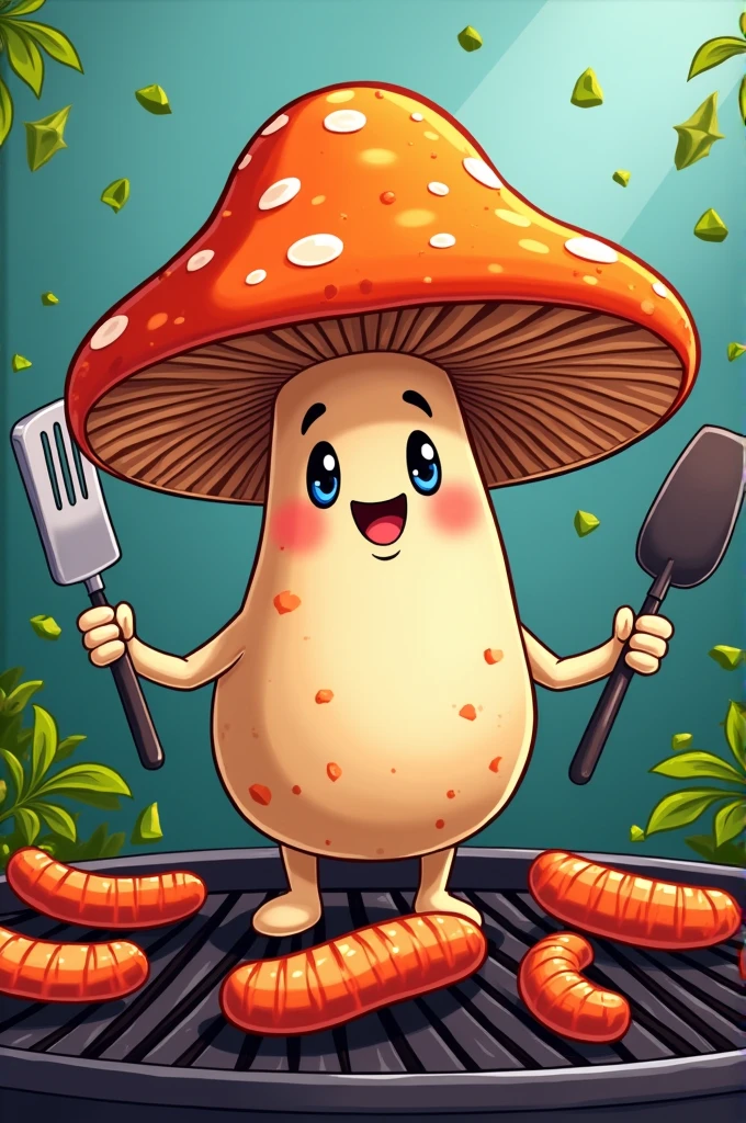 Animated grilling mushroom with grilling tools in orange and dark blue containing the word "honguito" roasting on a barbecue grill with chorizos and green chimichurri