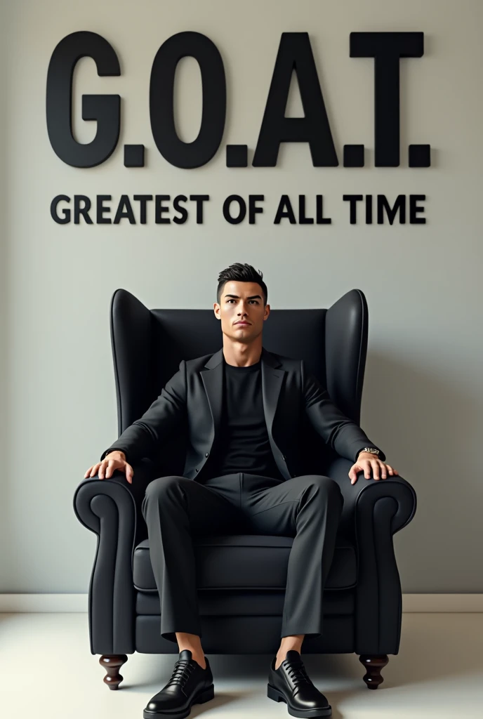Cristiano Ronaldo sitting in a big chair and behind the wall written "G .O.A.T"  black suit causal 