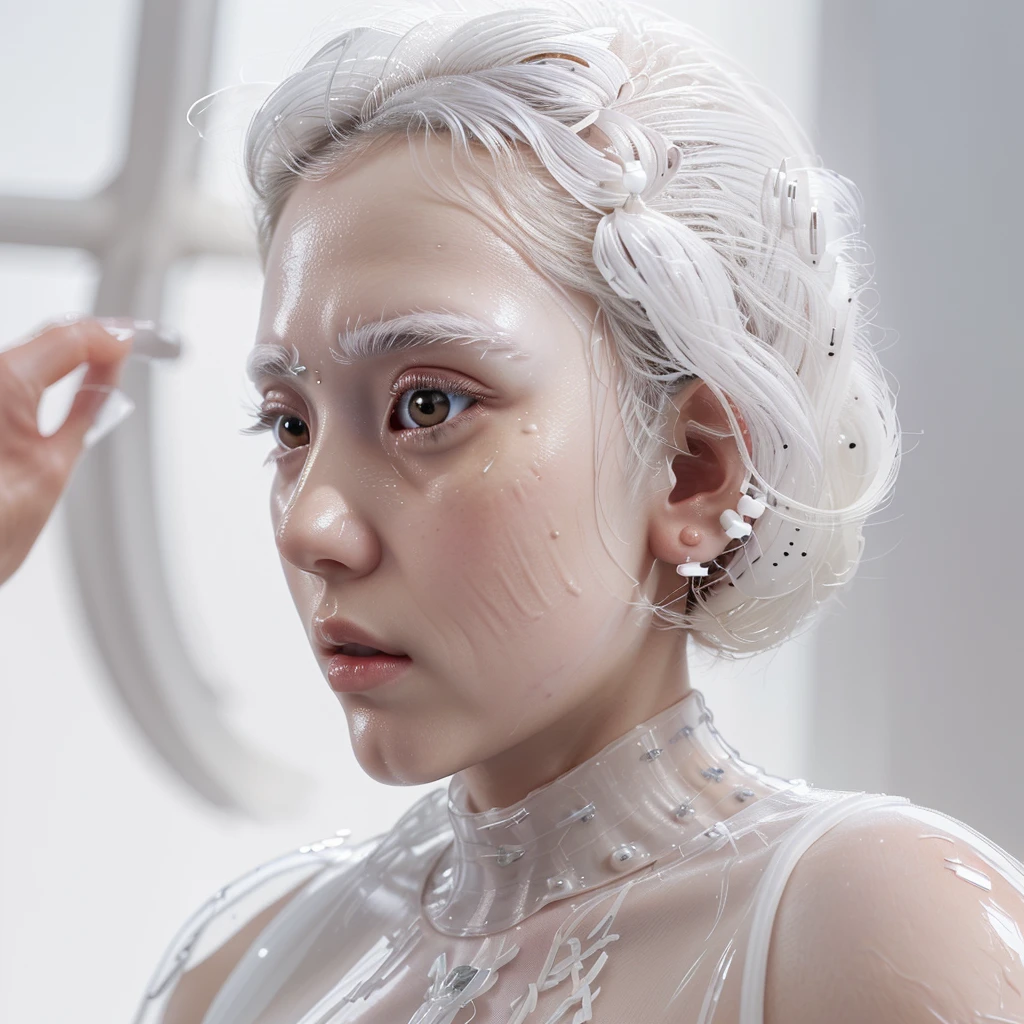 Highest quality,A perfect masterpiece,Perfect artwork,Official Works,8k,, (Upper body portrait:1.3),((View from the side:1.5)),Close-up lens,Delicate face,, ,White Haired Girl,(hakuhatsu:1.5),Short and medium hair,((White, clear eyes:1.5)),(White Dress:1.2),(Transparent clothing:1.2),(Black background:1.3),, The illusion of pearls,cyber punk,Fashion Trends,3s material,High resolution,Detailed Expression,C4D,3d,Octane Rendering,Ray Tracing,Intricate details,Animation lighting,OCrenderer,