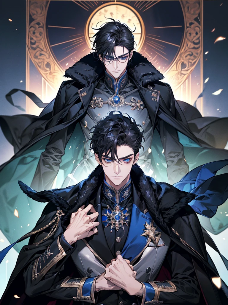 Masterpiece, High quality, Portrait, anime style, 3 young man, หน้าตาhandsome, glowing eyes, Tall anime guy with blue eyes., black short hair, ((blue eyes)),Wearing silver-rimmed glasses, ((short black hair)), [Thick eyebrows], ((black long coat)), ((all black)), (blue eyes) , handsome , Facial expressions, black knight armor , black fur shawl(Masterpiece,best quality,special, (Broad shoulders)) (muscle),The background is the sea.,Adventure Cruise