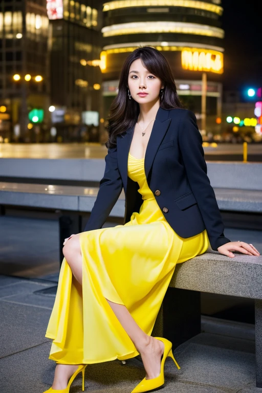 blazer、Business Blouse、(Colorful long skirt:1.3)、((Full Body Portrait))、(silk pantyhose)、Sitting、(Both legs and high heels look beautiful.)、1 girl、(Perfect Anatomy, Perfect body, Perfect hands, Perfect Face, Perfect Eyes, Accurate, Anatomically correct), Perfectly clear and sharp focus, Modern architecture at night on the background、Professional Lighting、(Large Breasts)、(Highest quality、Ultra-high resolution、masterpiece)