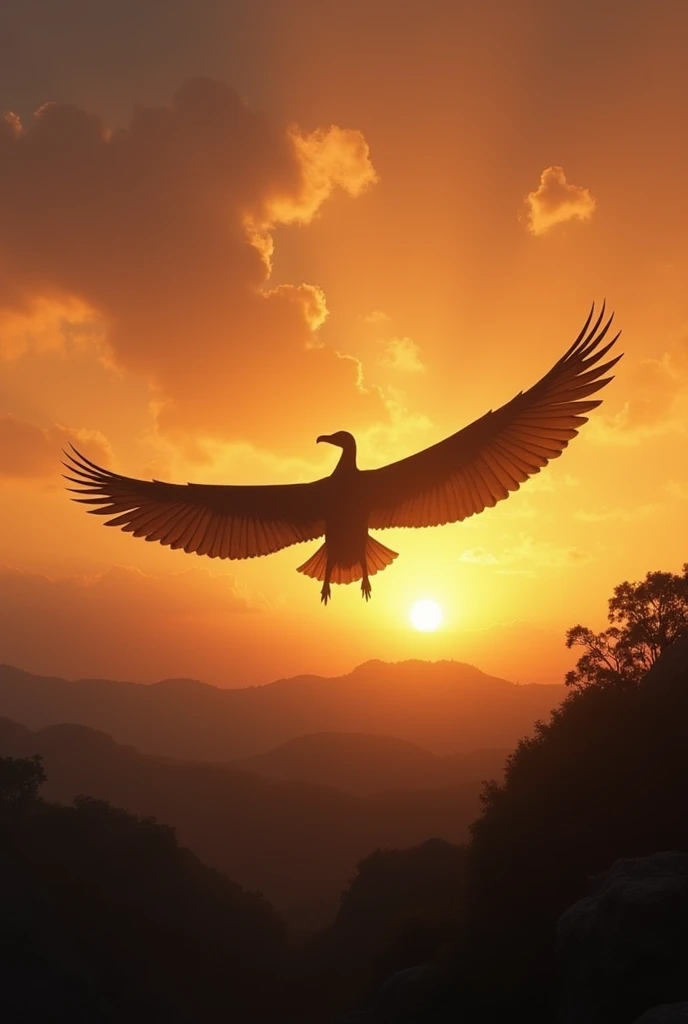 A final image of the Teratornis flying into the distance, towards the setting sun. The bird is shown from behind, its massive wings still spread, as it disappears into the horizon. The landscape below is now darkening, with the last rays of sunlight casting a soft glow over the earth, symbolizing the end of an era.
