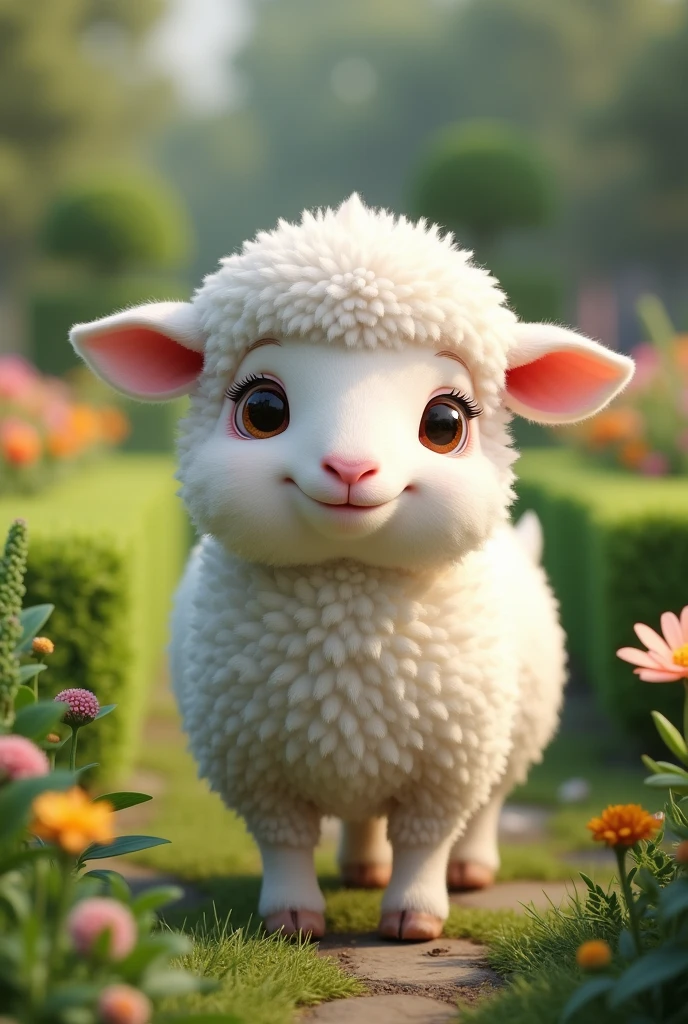 Image of a little white sheep in a garden ultra realistic 8k full hd
