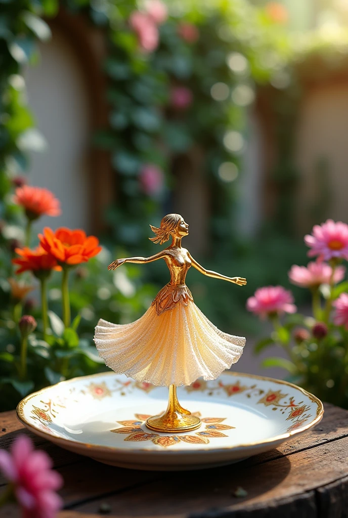 A delicate miniature girl like figure, fashioned from colourful glass, twirling on an intricately painted porcelain plate, set in a quaint, fairy-tale garden with vibrant flowers and ivy- covered walls. The plates ornate designs add a touch of elegance, while the garden blooms in a riot of colors, illuminated by soft, dappled sunlight. The figures pose exudes grace and enhancement, with reflections of light playing off the glass to create a mesmerizing effect. Created using: fairy tale aesthetics, close-up photography, vibrant color palette, soft focus, detailed craftsmanship hd quality natural look- ar 16:9