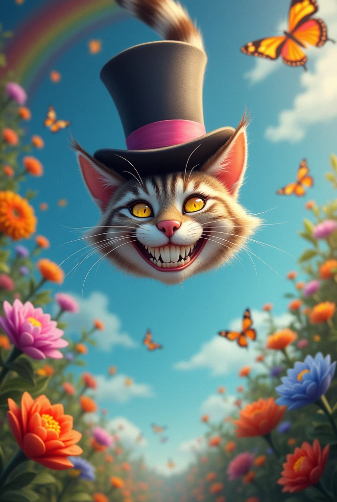 Smiling Cheshire cat floating upside down, with a hat, rainbow flowers and butterflies