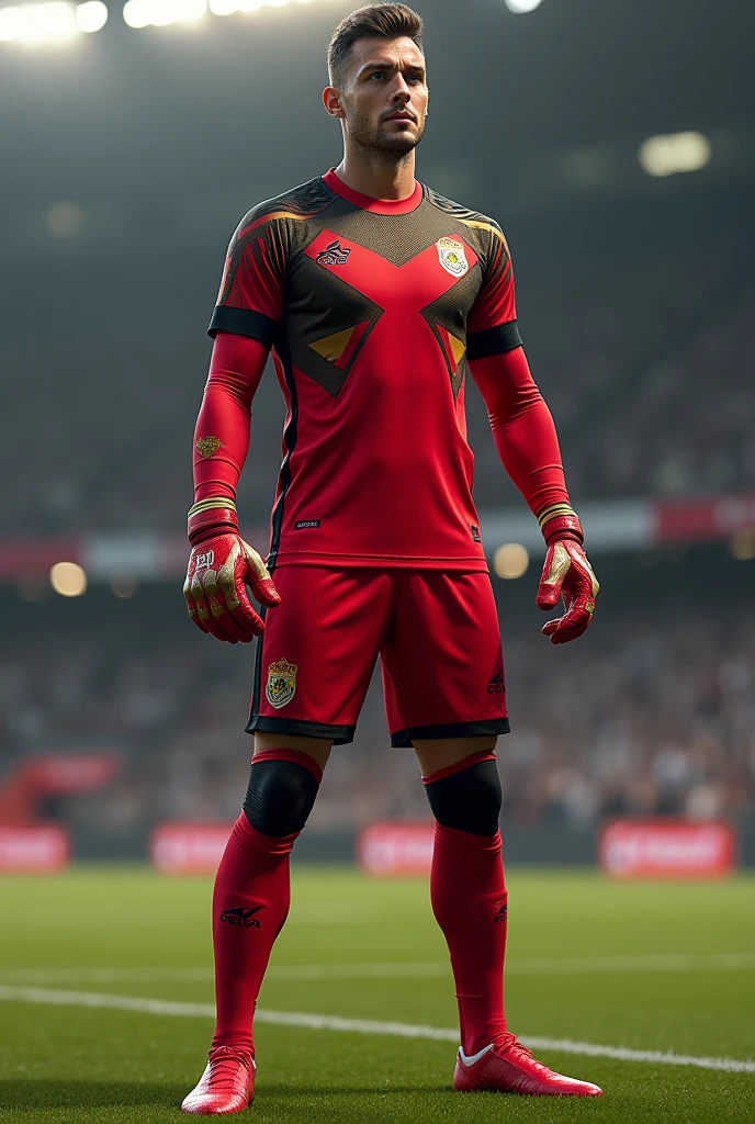 Creative and aggressive goalkeeper uniform of a football team called Delta, whose colors are red with black and gold 360 degree image