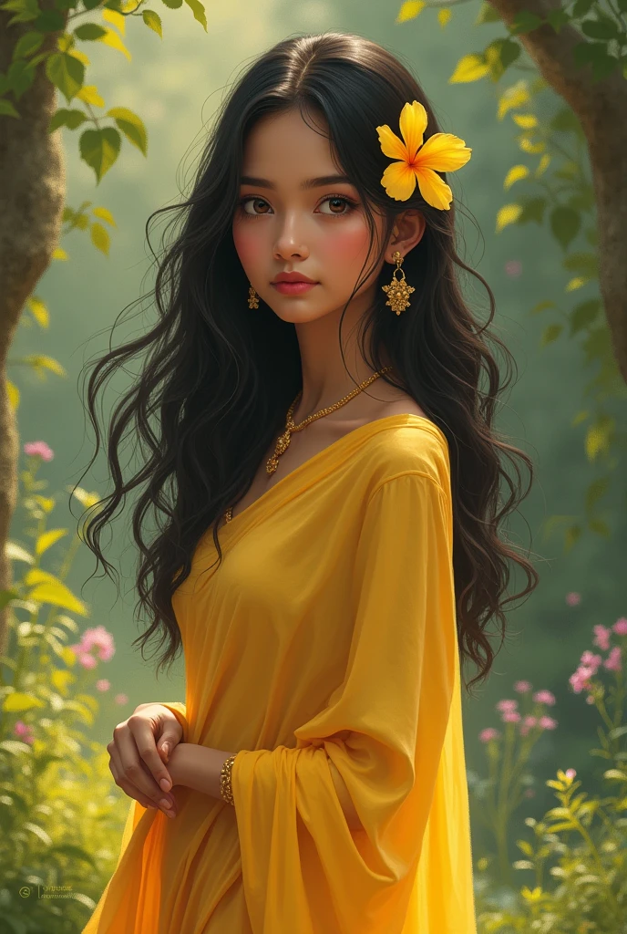 Medium dark and high height girl with yellow chudi with   a yellow flower on hair
