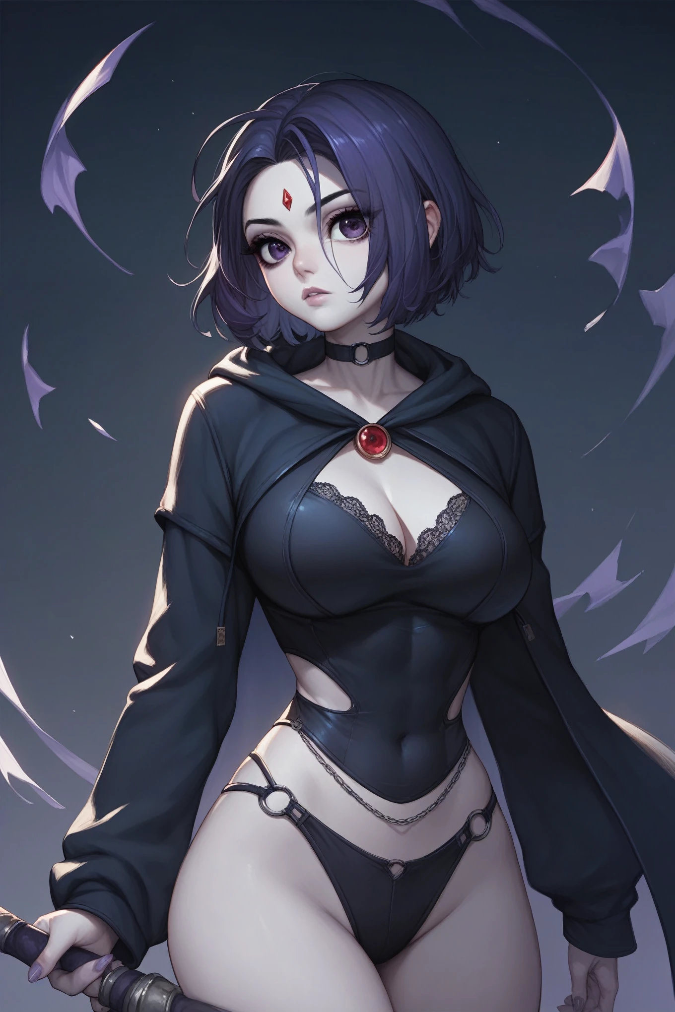 score_9, score_8_up, score_7_up, score_6_up, score_5_up, score_4_up, source_anime, medium shot, seductive raven female, big breasts、 pose, anime big eye