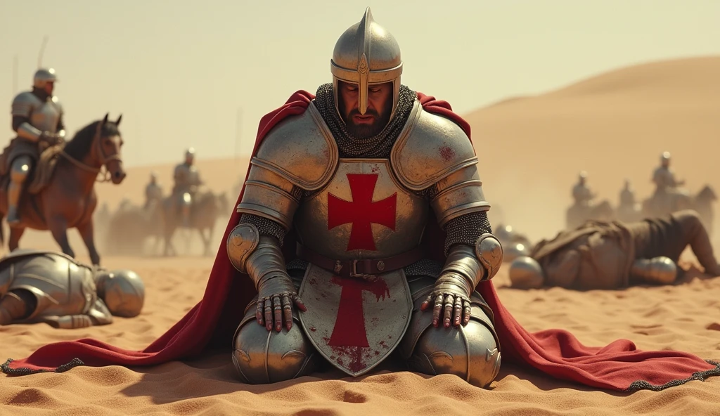 A highly realistic, high-contrast, 8K HD, detailed, hyper-detailed image of a fully armored Crusader knight bearing a red cross emblem on his chest, kneeling on both knees in the desert, suffering in pain after being defeated in battle. His face is obscured by a helmet, ensuring that no facial features are visible. The red cross emblem is prominently displayed on his chest. Bloodstains are visible on the knight's armor, emphasizing the brutality of the battle. Surrounding him are the bodies of other fallen knights, also bloodied, and some knights are still engaged in combat in the background. The desert scene is intense, with the atmosphere filled with the chaos of battle. The image is of the highest quality, with ultra-high resolution, RAW photo quality, and Unreal Engine rendering, vividly depicting the suffering and despair of the Crusader in his final moments amidst the brutal combat in the vast desert.