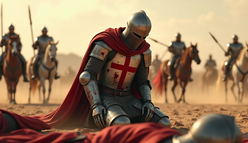 A highly realistic, high-contrast, 8K HD, detailed, hyper-detailed image of a fully armored Crusader knight bearing a red cross emblem on his chest, kneeling on both knees in the desert, suffering in pain after being defeated in battle. His face is obscured by a helmet, ensuring that no facial features are visible. The red cross emblem is prominently displayed on his chest. Bloodstains are visible on the knight's armor, emphasizing the brutality of the battle. Surrounding him are the bodies of other fallen knights, also bloodied, and some knights are still engaged in combat in the background. The desert scene is intense, with the atmosphere filled with the chaos of battle. The image is of the highest quality, with ultra-high resolution, RAW photo quality, and Unreal Engine rendering, vividly depicting the suffering and despair of the Crusader in his final moments amidst the brutal combat in the vast desert.
