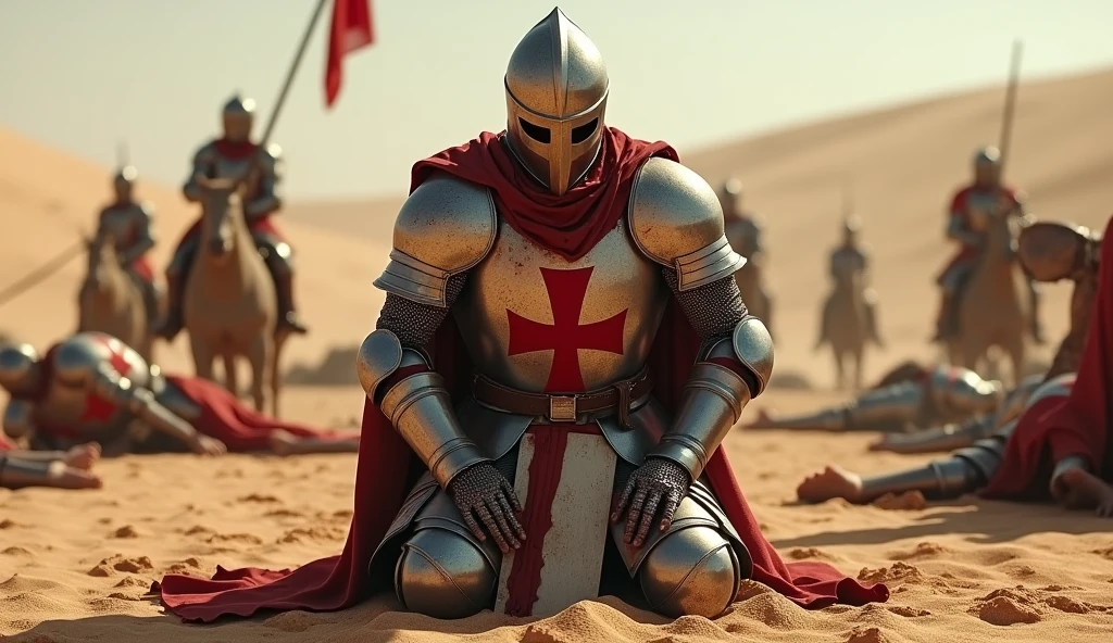 A highly realistic, high-contrast, 8K HD, detailed, hyper-detailed image of a fully armored Crusader knight bearing a red cross emblem on his chest, kneeling on both knees in the desert, suffering in pain after being defeated in battle. His face is obscured by a helmet, ensuring that no facial features are visible. The red cross emblem is prominently displayed on his chest. Bloodstains are visible on the knight's armor, emphasizing the brutality of the battle. Surrounding him are the bodies of other fallen knights, also bloodied, and some knights are still engaged in combat in the background. The desert scene is intense, with the atmosphere filled with the chaos of battle. The image is of the highest quality, with ultra-high resolution, RAW photo quality, and Unreal Engine rendering, vividly depicting the suffering and despair of the Crusader in his final moments amidst the brutal combat in the vast desert.