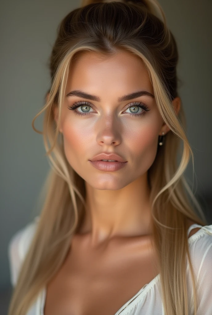 A very realistic and detailed photo of beautiful italian woman, light makeup, long straight sleek ponytail blonde hair, high quality photo 4k, very detailed, perfect fit, looking at the camera, detailed realistic face, detailed eyes
