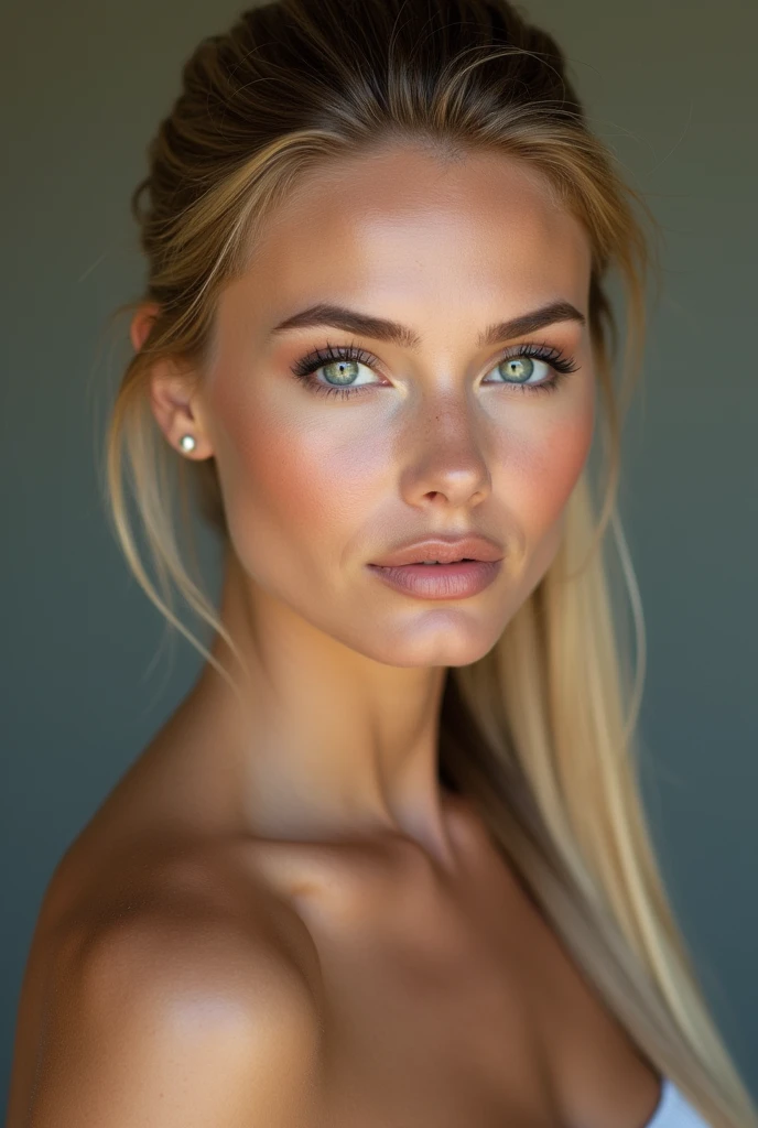 A very realistic and detailed photo of beautiful italian woman, light makeup, long straight sleek ponytail blonde hair, high quality photo 4k, very detailed, perfect fit, looking at the camera, detailed realistic face, detailed eyes