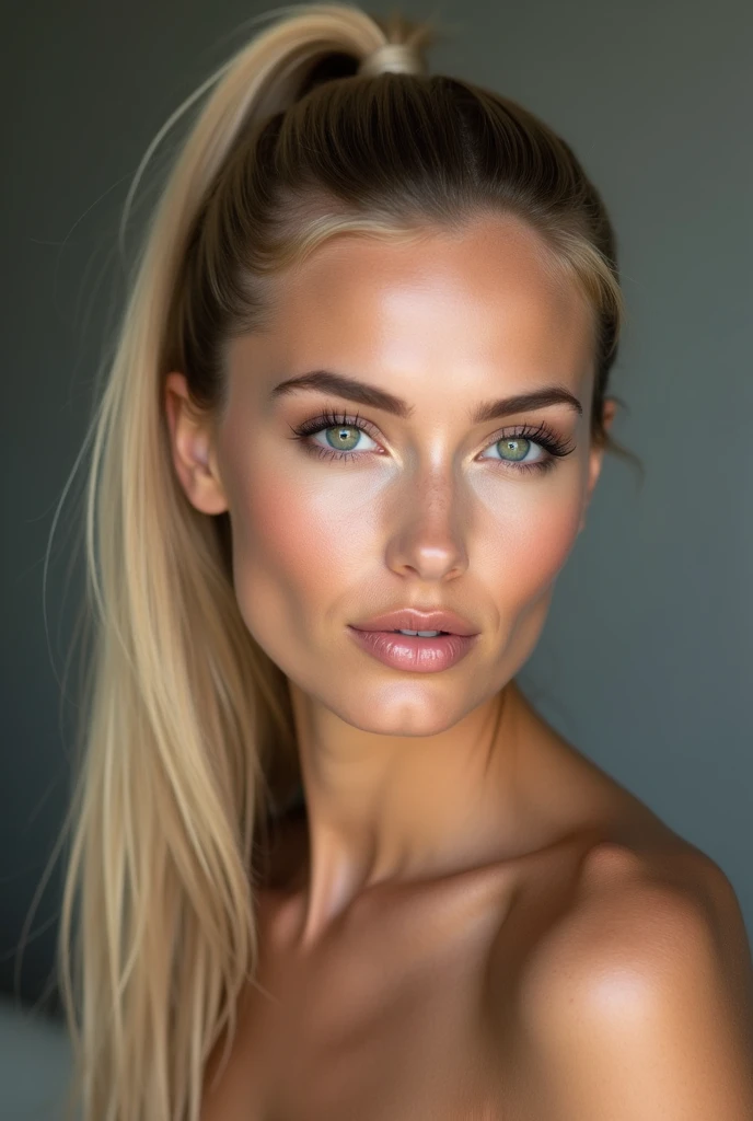 A very realistic and detailed photo of beautiful italian woman, light makeup, long straight sleek ponytail blonde hair, high quality photo 4k, very detailed, perfect fit, looking at the camera, detailed realistic face, detailed eyes