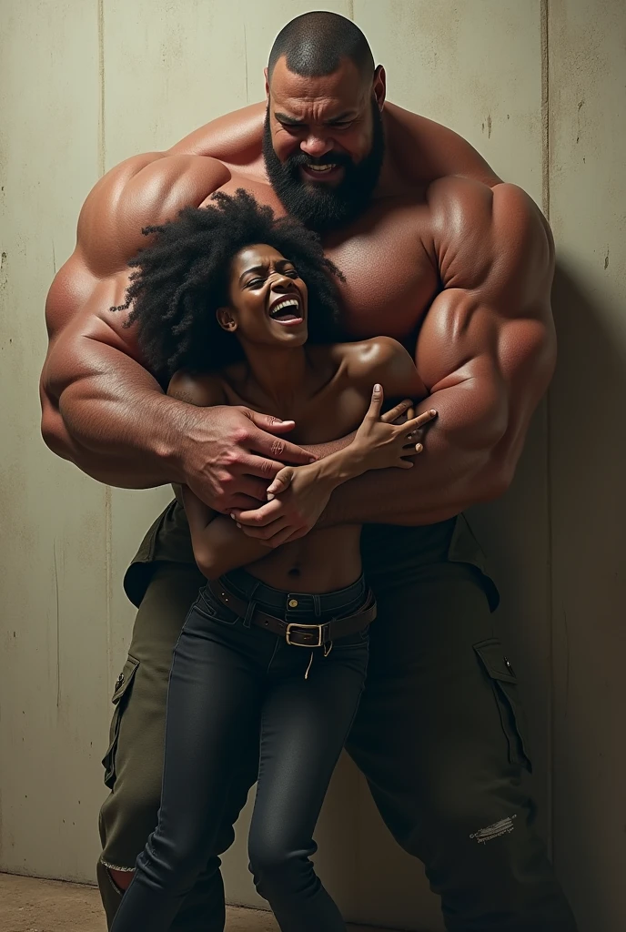 A colossal muscular man holding a black woman by her throat against a wall, and she she's holding his hand while he has a belt in his other hand