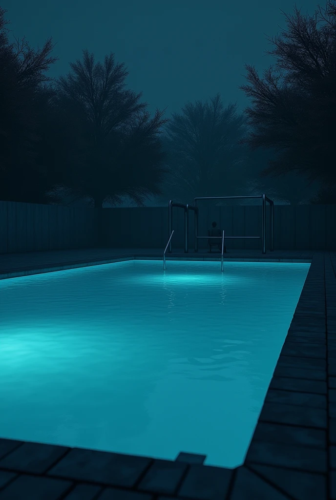 Pool at night　Playground equipment　closed space　Blue Water　dreamcore