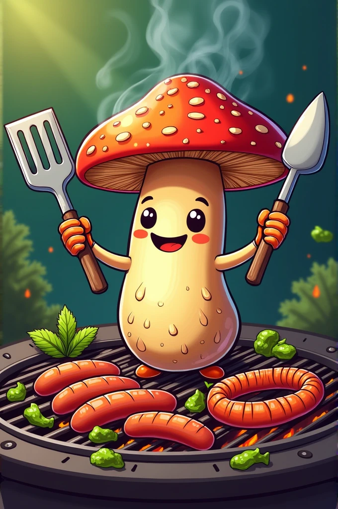 Animated grilling mushroom with grilling tools in orange and dark blue containing the word "honguito" roasting on a barbecue grill with chorizos and green chimichurri