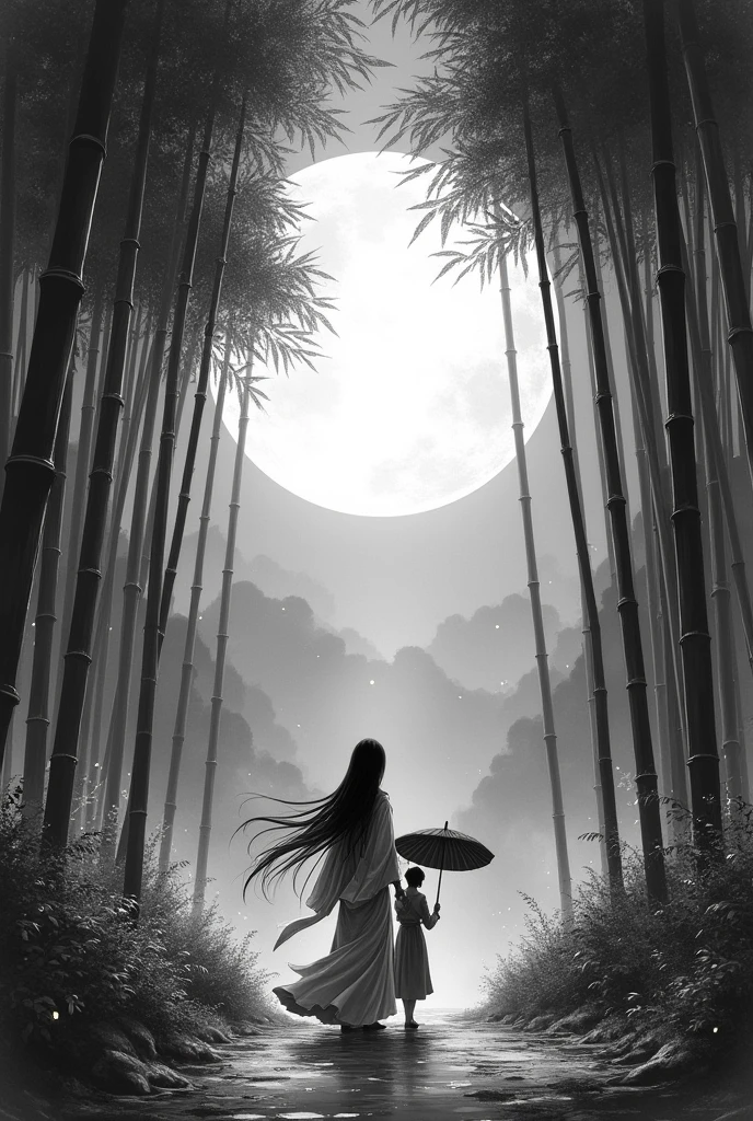 A dynamic ink painting of a bamboo forest, Black and white paint, Great art, Amazing depth, View from the ground, The most beautiful bamboo forest in the world, Bamboo leaves shining in rainwater, moon\(pale\) In light cloudy weather, Beautiful woman\(Aristocrats of Ancient Japan, Beautiful kimono, Beautiful long black hair\) looking up at the moon at the center with a follower in simple clothes holding an umbrella, Fireflies flying around, Bamboo leaves are arranged three-dimensionally in the foreground.