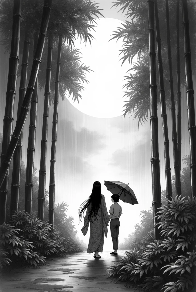 A dynamic ink painting of a bamboo forest, Black and white paint, Great art, Amazing depth, View from the ground, The most beautiful bamboo forest in the world, Bamboo leaves shining in rainwater, moon\(pale\) In light cloudy weather, Beautiful woman\(Aristocrats of Ancient Japan, Beautiful kimono, Beautiful long black hair\) looking up at the moon at the center with a follower in simple clothes holding an umbrella, Fireflies flying around, Bamboo leaves are arranged three-dimensionally in the foreground.