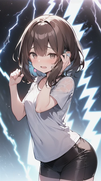 Let's think step by step,One woman、1、(A woman with short dark brown hair)、 Wet Hair、Beautiful brown hair、Clear brown eyes、Slightly chubby、Small breasts、The butt is small、Summer clothes、(Cowboy Shot)、In town、Being outside、Midsummer、Shower、(((Lightning glows、I was so startled by the loud noise that I covered my ears with both hands to stop hearing.、scared,Closing my eyes tightly out of fear,Furrow one's brow)))、 Highest quality、masterpiece、Ultra-high resolution、8k,Expressing an anime style、Soft Line Art、Digital Enhancement、shojo anime touch, shojo manga core, Flowing fabric、Soft Drawing、Ultra-Definition Digital Anime Art、Clear facial depiction、Super detailed girl cartoon character art、Ultra-detailed manga style、Highest qualityの色