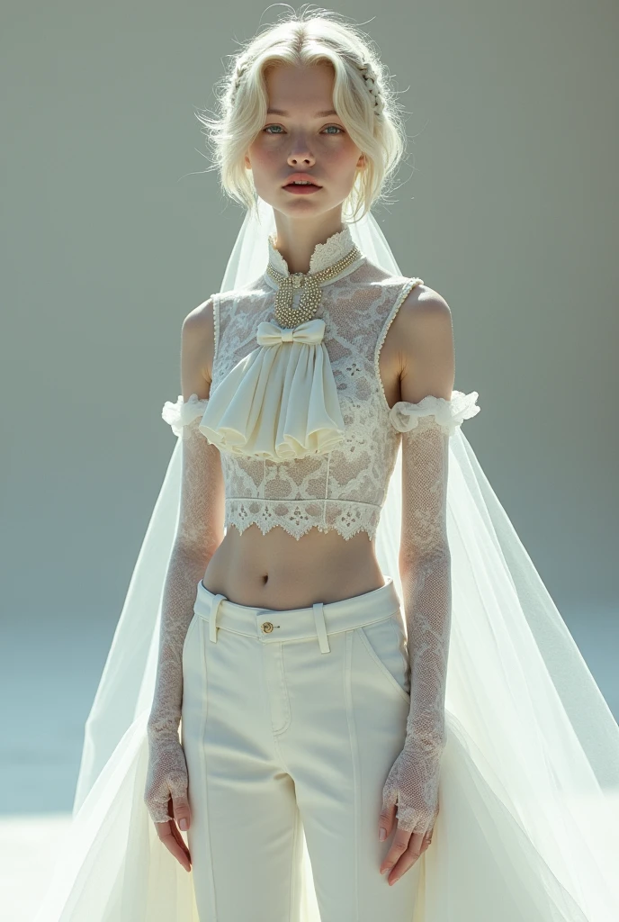 Young man, thin and androgynous appearance: Her skin is white and her hair is short, wavy, layered blonde., On top they hold some blonde braids, the groom's veil.
She wears an outfit that combines a dress with very tight white dress pants..
The trousers are completed with a layered groom's dress train that starts from the waist and displays elegant lace and tulle..
The top of the dress is complete from waist to neck., without transparencies, imperial collar with jabot ruffles, sleeveless, without transparencies decorado con diamantes cosidos y encaje en la parte de enfrente y en la parte trasera con transparencias en la espalda.
The ensemble is complemented by a layered bridal veil., long, elbow length lace gloves.