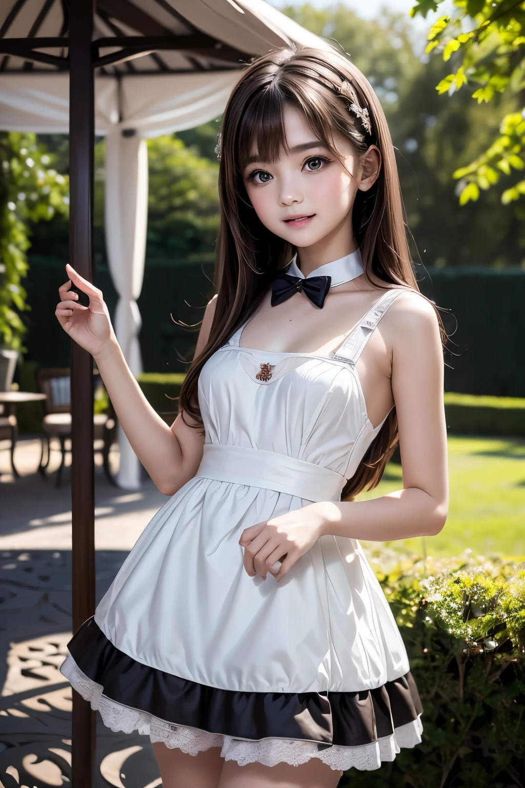 masterpiece,Highest quality,Very detailed,Maid Girl,,Small breasts,Brown Hair,very cute,Maid clothes,Outdoor,Garden Gazebo