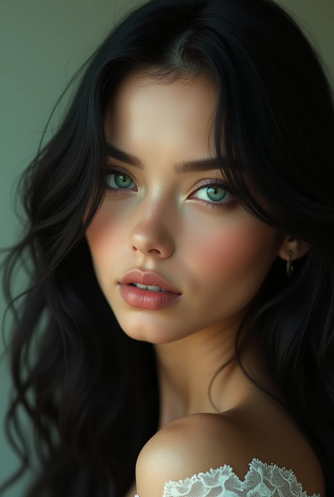 beautiful woman, eyes green, hair black