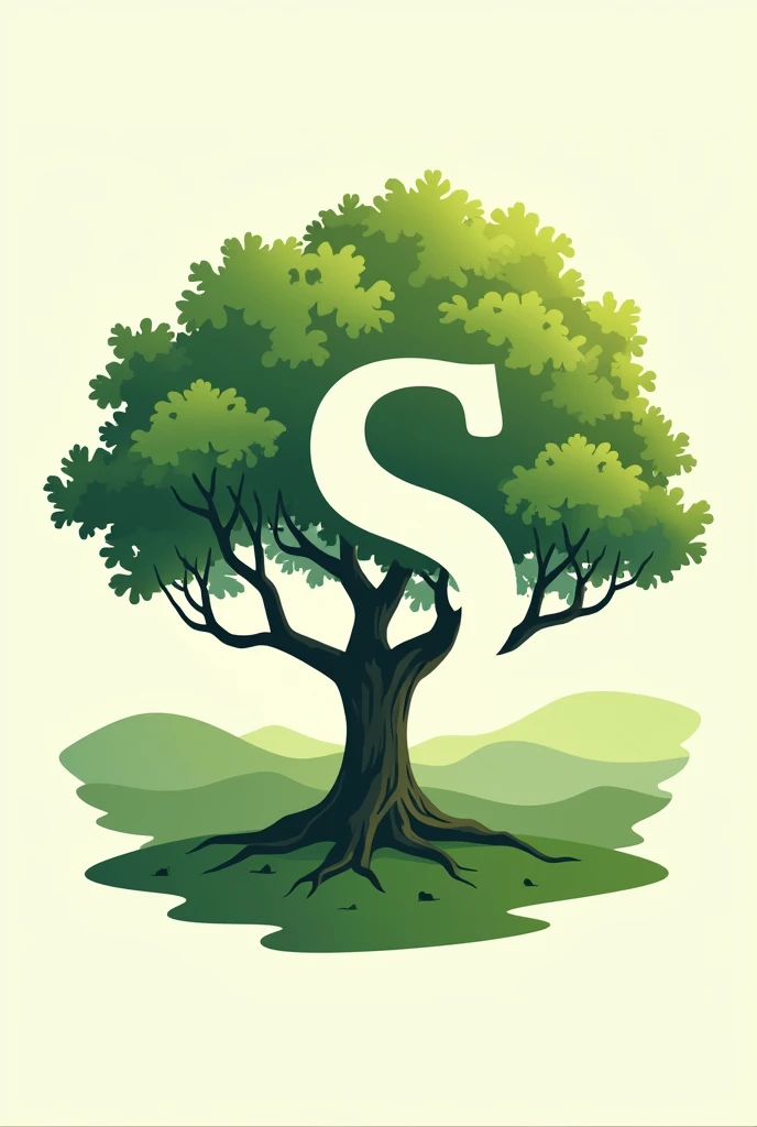 Make me a logo for my company that is green and contains hills and a tree, that contains the large capital S in the middle of the branches.
