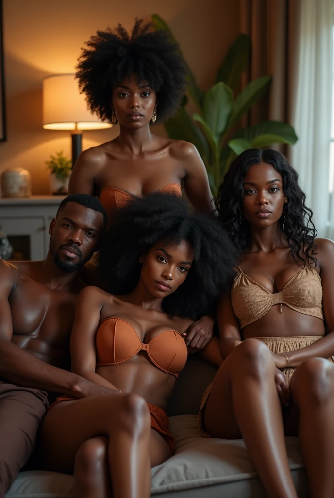 (Best Quality, 2k, Masterpiece, QHD: 1.3, A Handsome short haired african barbarian   man is surrounded by three women up against him touching him and gaze at him, at a mansion, wearing Tracksuits that show off body, perfect bodies, women: long flowing hair, flowers in hair, seductive, materials, golden hour, , jewelry, golden hour, photorealistic, masterpiece, in love, small grin, perfect faces, Flirtatious-groping 