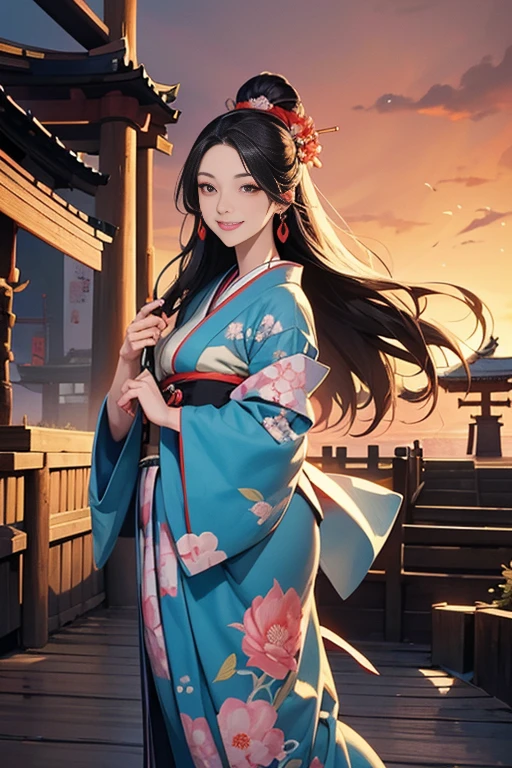 A beautiful woman smiles and shows her upper white teeth、Vividly colored Japanese Ukiyo-e style illustrations、(SeaArt creates stunning illustrations of beautiful women in kimono)、Brown-black long hair、Beautiful full body style、Beautiful digital painting,、Bright vibrant digital anime art、 Detailed digital anime art、 Beautiful anime portraits、background、Torii gates of Fushimi Inari Shrine in Kyoto, Japan、Detailed CG、