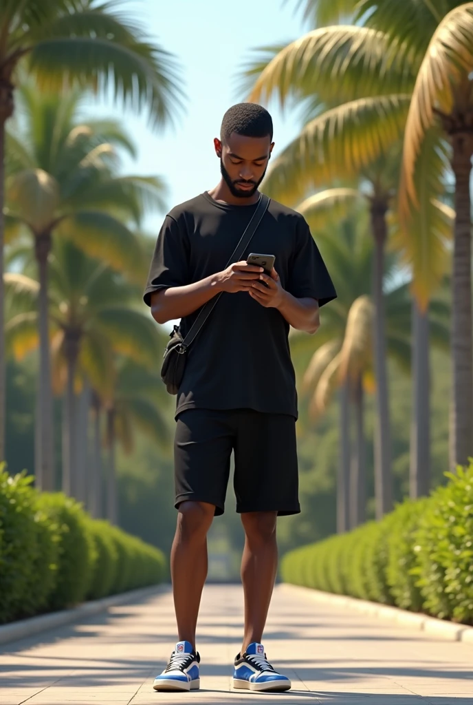 best qualityer:1.4), (ultra high resolution:1.2), (photorrealistic:1.4), (8k, CRU photo:1.2), a thin young man of 20 years old, skin black, with a smooth, beardless face, corte de cabelo buzzcut. is standing outdoors in a square, surrounded by tall palm trees and lush vegetation. He has a thin build. He is dressed casually in a loose black t-shirt and black shorts., with white and blue sneakers. He is holding a phone in his right hand and looking at it intently.. He has a small shoulder bag across his chest.. The lighting is natural, indicating a sunny and warm day. Corte de cabelo buzzcut. has 1.75 metros de altura. Corte de cabelo buzzcut