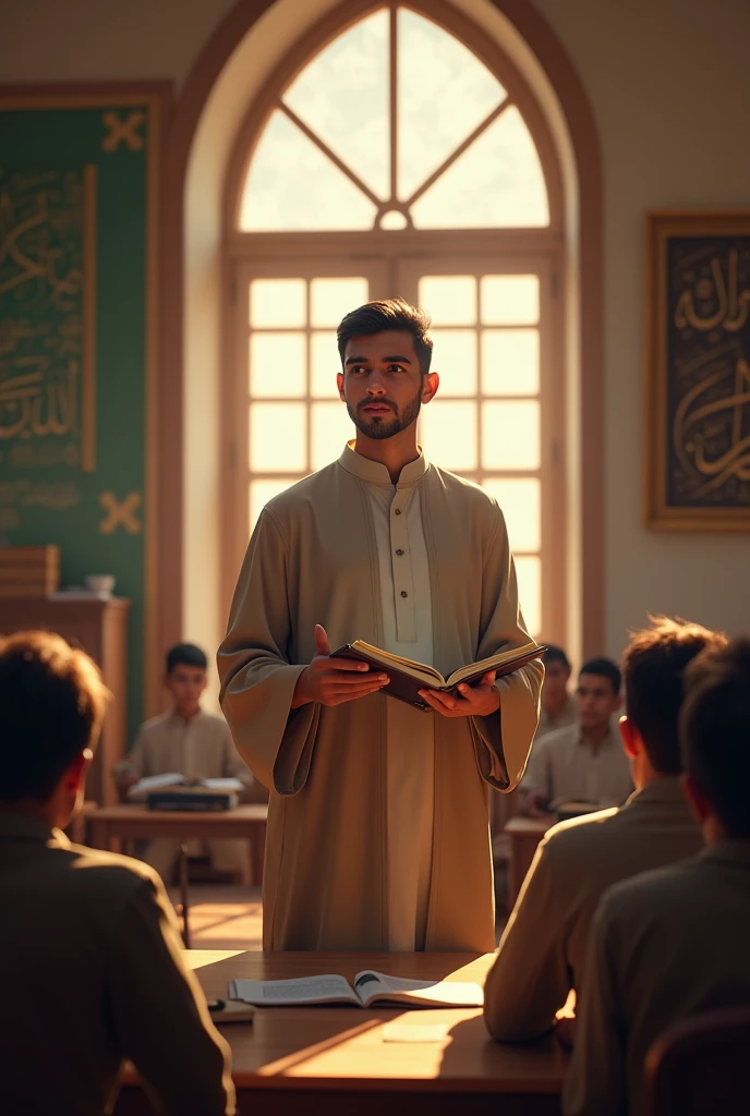 A Quran Yung male teacher is giving a lesson on Tajweed and Qirat in class room 