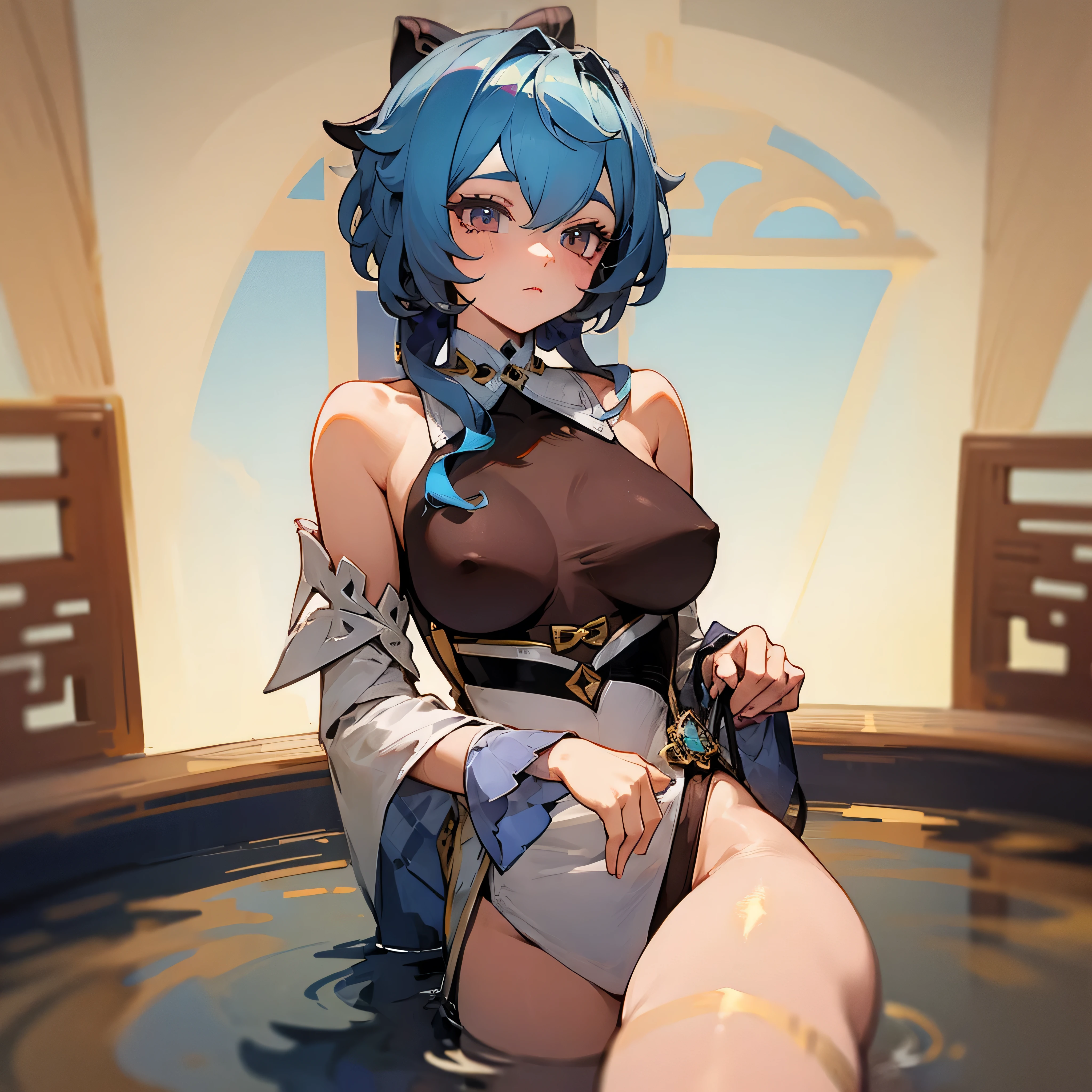 （(Highest quality))（(masterpiece))（(detailed))(nsfw）（(Highest quality))（(masterpiece))（(detailed))(Browsing Caution) (1girl,1boy)netorare blue hair、Large Breasts　(Wet and see-through chinese clothes) 