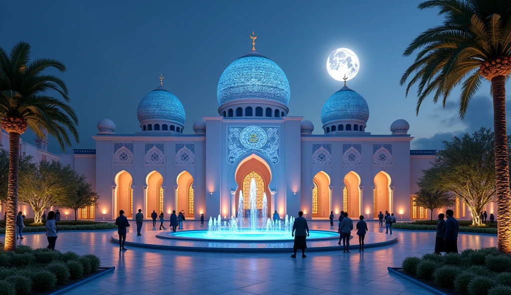 A tiny futuristic mosque inspired by Disneyland concepts, blending traditional Islamic architecture with thematic areas. The mosque has separate zones: one for learning about the Quran, one depicting Islamic history with visual displays, and a serene garden symbolizing paradise with lush greenery and fountains. The central prayer hall is illuminated with soft lighting and features interactive elements, such as a video projection on the dome showcasing Islamic stories. The exterior is clean and well-maintained, with friendly attendants. Families are seen engaged in various activities, making the mosque a welcoming and inclusive place for all ages in full moon