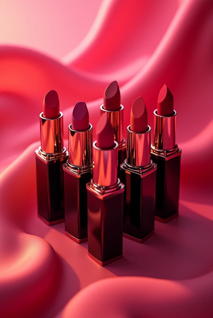 Create a stunning image featuring a collection of luxurious lipsticks in various vibrant shades. Arrange the lipsticks in an aesthetically pleasing layout, with a focus on the rich, bold colors and sleek packaging. The background should be minimal, allowing the lipsticks to take center stage. Add a touch of soft lighting to highlight the textures and shine of the lipsticks, creating an elegant and glamorous vibe