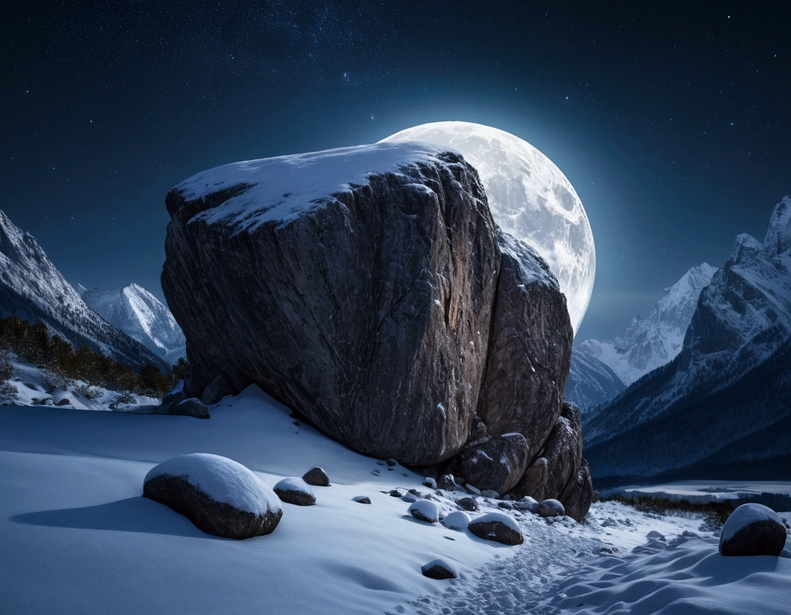 a massive rock covered in snow, night sky, moonlight, snow-covered landscape, dramatic lighting, cinematic composition, photorealistic, 8k, best quality, highly detailed, intricate details, breathtaking, moody atmosphere, dramatic shadows, glowing moon, starry night sky, snowflakes, serene, peaceful, tranquil