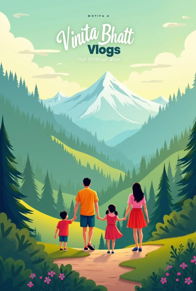 "Generate a YouTube channel art design for 'VINITA BHATT VLOGS' with a scenic Uttarakhand landscape background, a stylized illustration representing family, travel, and culture, and a clean modern font displaying the channel name and tagline. Use a muted green, soft blue, and warm yellow color scheme. Add subtle gradients, shadows, and icons to enhance visual interest. Ensure the design is optimized for various devices and platforms, with important branding elements within the safe area (1546 x 423 pixels). Provide the design in PNG or JPEG format, with a minimum resolution of 2560 x 1440 pixels."