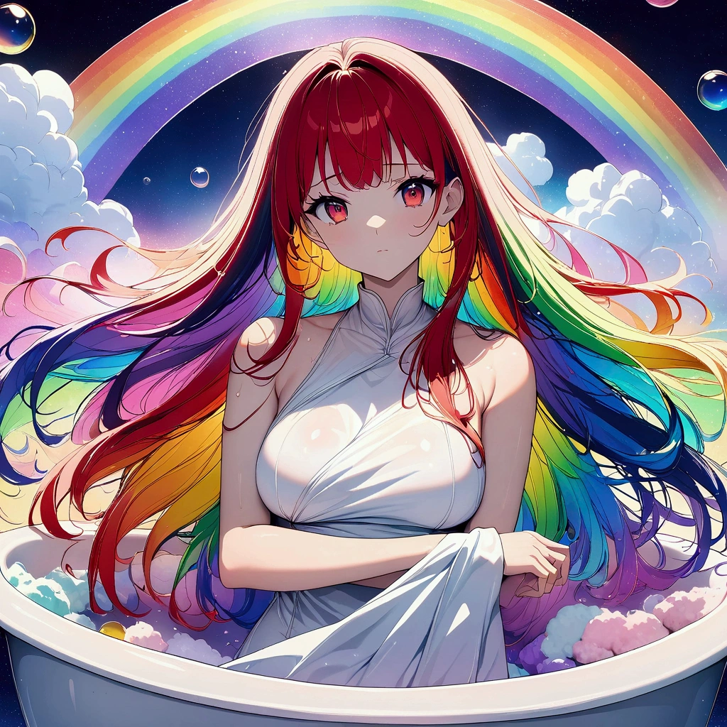 (((anime))) A woman in a bathtub,Gal,Long Hair,(Rainbow colorsの髪),Bangs parted in the center,Look here,Red eyes,Big Eyes, A towel is wrapped around the body,Lots of soap bubbles,Rainbow colors,steam,blurred,sunlight,masterpiece,Highest quality,Exquisite,8k,Absurd,Ultra-fine illustrations,(View your audience)