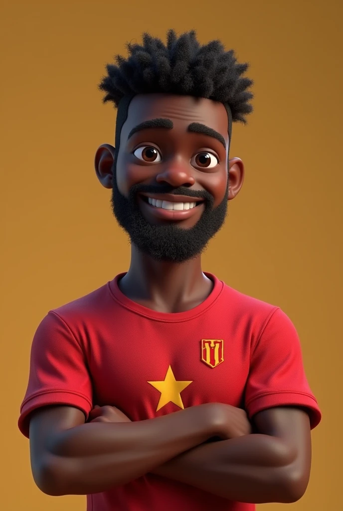Criar um personagem de desenho animado 3D estilizado de cGoldpo inteiro de um homem negro de meia-idade, cabelo cGoldtado degrader bem curtinho '&#39; homem de braços cruzados featuring a camisa totalmente vermelha featuring uma estrela no peito, designed featuring the following detailed specifications&#39;: 1. Rendering Style Style: The character should be rendered in a &#39;Pixar-featuringo&#39; Gold &#39;3d cartoon&#39; styled, similar to high qualiy animation&#39;. render engine: Use o &#39;Arnold Maia&#39; Gold &#39;Keyshot Toon&#39; render engines to ensure the desired quality&#39;. detalhamento: Make sure the render is &#39;high qualiy&#39; featuring &#39;detailed textures&#39;, &#39;skin detailed&#39;, a &#39;clay-like finish&#39;, e incGoldpGoldar &#39;bokeh effects&#39;. 2. Resolution Resolution: Set the resolution to &#39;8k&#39; (7680x4320 pixels). If this is not available&#39;&#39;, select the highest possible resolution&#39;. 3. Configurações de Iluminação e Camera Iluminação: Choose a &#39;cinematic&#39; lighting setup featuring soft&#39;, diffuse light to highlight skin details and textures&#39;. concentrating: definir featuringo &#39;sharp focus&#39;, ensuring that the character is fully in focus&#39;. apply &#39;bokeh effects&#39; if there is any background&#39; (embGolda o fundo deva ser transparente&#39;). Camera: Position the camera at a &#39;front angle&#39;, centered to capture the character&#39;o rosto e todo o cGoldpo&#39;. 4. Character Positioning in Background: Select a &#39;Background transparent&#39; Gold &#39;no back ground&#39; to ensure that the character is isolated. personagem featuringpleto: Exibir o personagem em cGoldpo inteiro'&#39;, ensure that all details are clearly visible&#39;. 5. Facial Expression and Physical Details Expression: Define the character&#39;the expression to be &#39;friendly&#39;, but featuringout smiles&#39;. hair and beard: Set the hair to be &#39;Very short ec