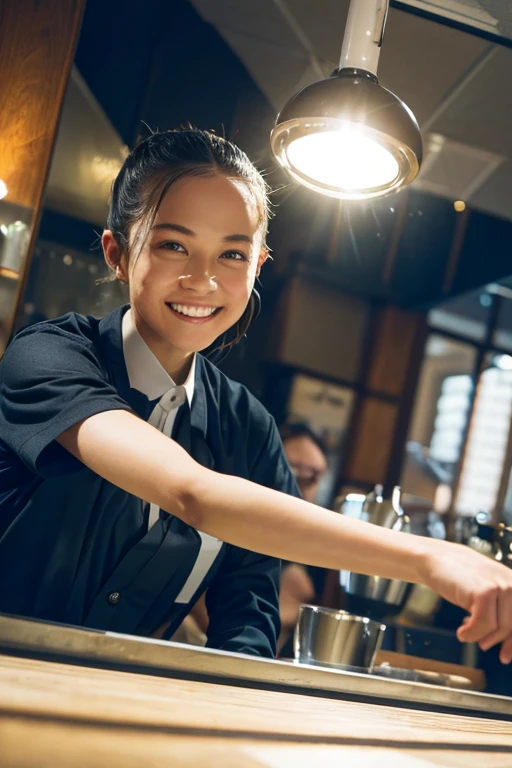 (8k, RAW photo, best quality, masterpiece), (photorealistic), outstanding details, ultra-high resolution, anatomically correct, textured skin, (Extremely precise and accurate anatomy),
Ultra Detailed Face, Detailed Eyes, 

 1 Girl, barista uniform, forehead, pulled back hair, 
(Cute Japanese girl , 20-year-old), (light smile:1.2),  (Mouth slightly open) , 
cinematic lighting in the hair, hair light, wind in the hair,
open cafe, 

(backlighting), 
(reflection light from below:1.4), 
atmospheric perspective, depth of field, 
(dramatic lighting), cinematic lighting, 