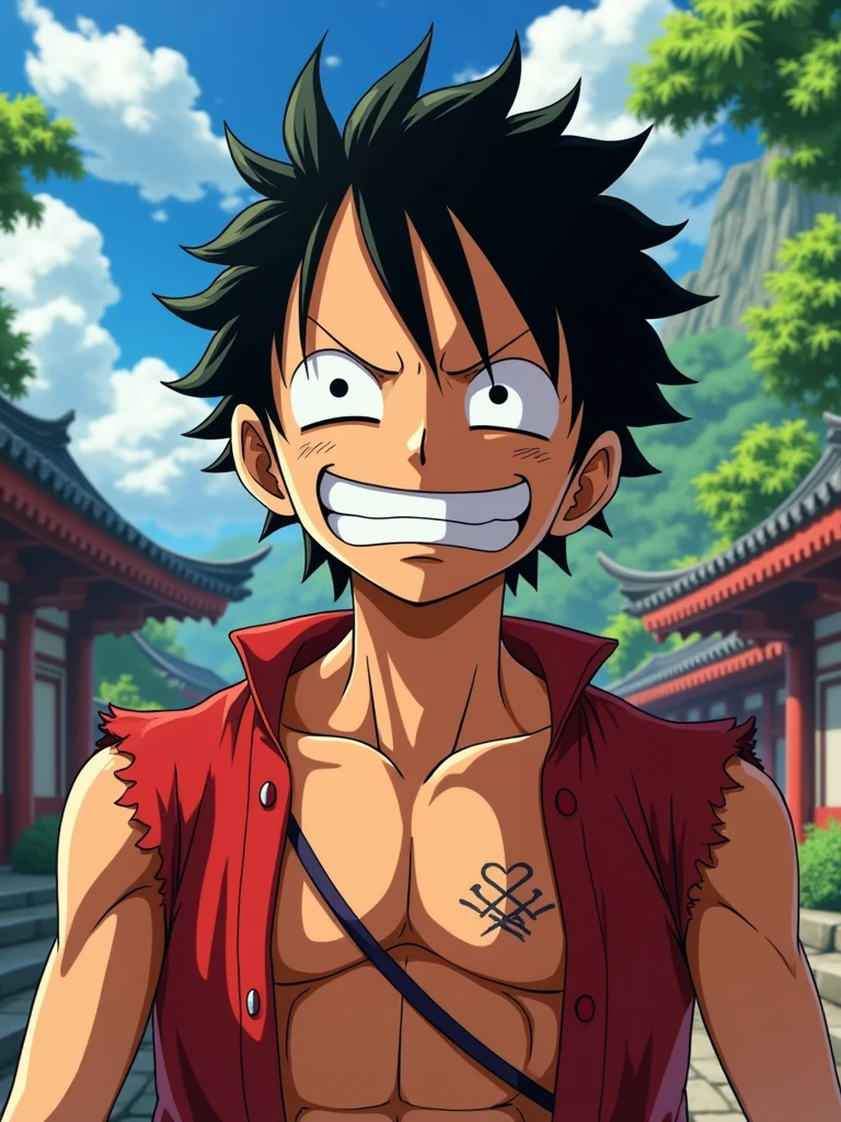 anime style (Close Portrait),(Figure:-0.2), (Smilex2:1.0), a Luffy gear 5 in  Wano ,  full body, close eyes, (best quality, masterpiece, detailed, highly detailed face),(high definition face:1.0), 8k, (solo), amazing perspective, profesional composition ,