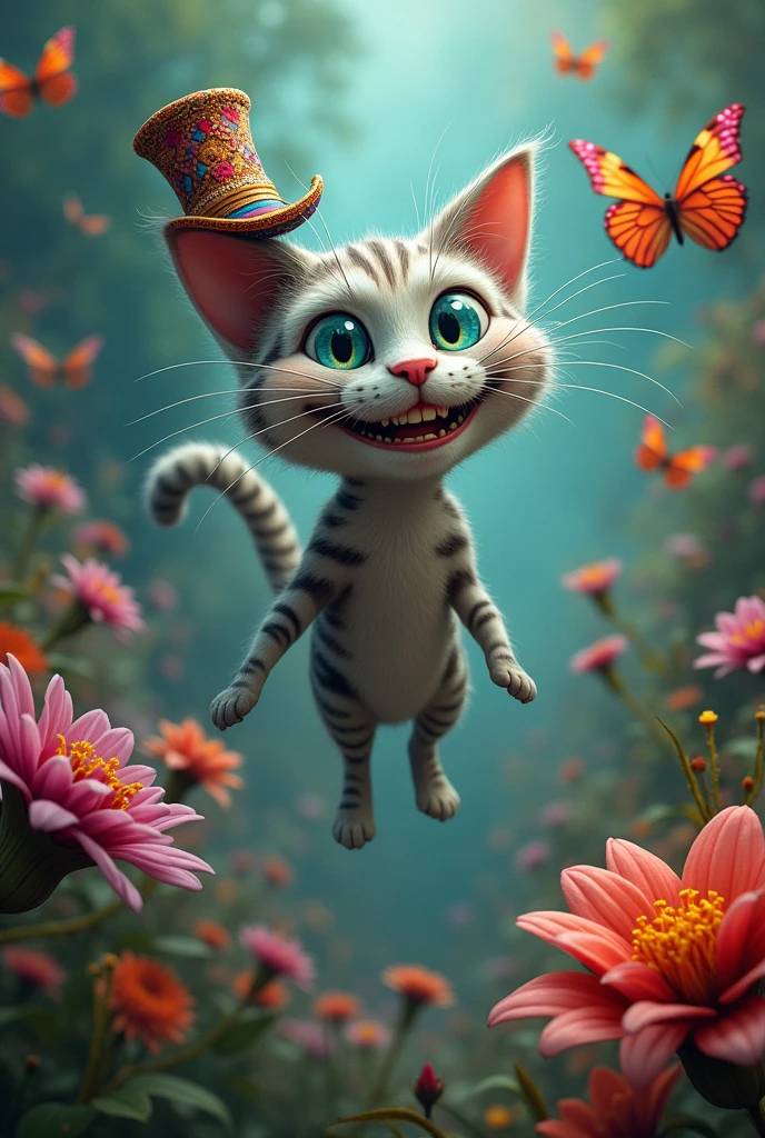 Smiling Cheshire cat floating, with a hat, rainbow flowers and butterflies