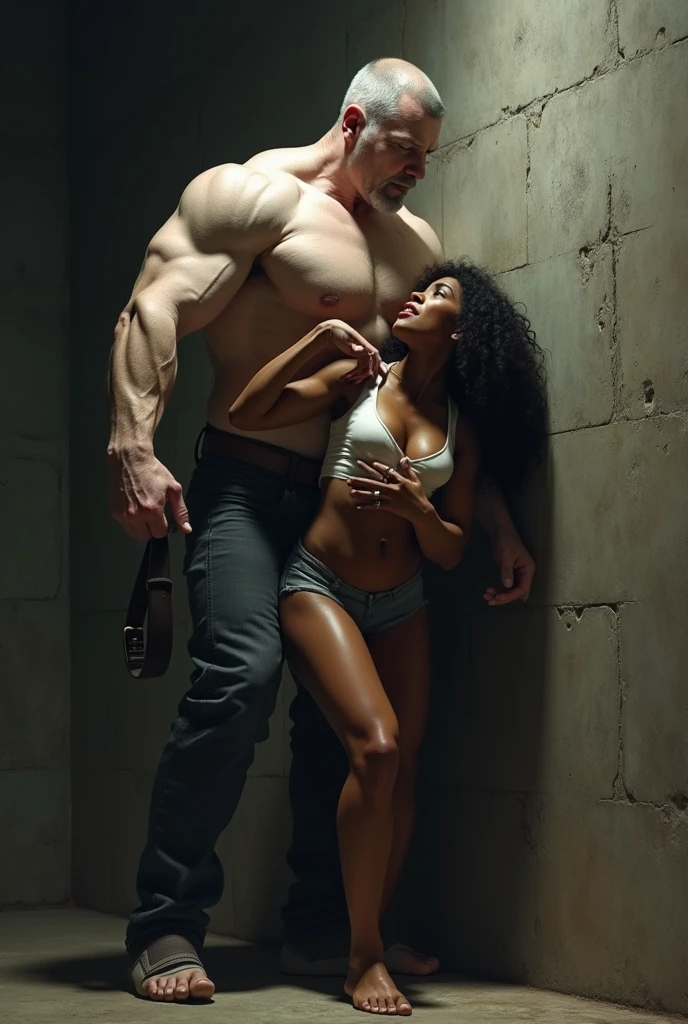 A white muscular man holding a black woman by her throat against a wall, and she she's holding  his hand while he has a belt in his other hand