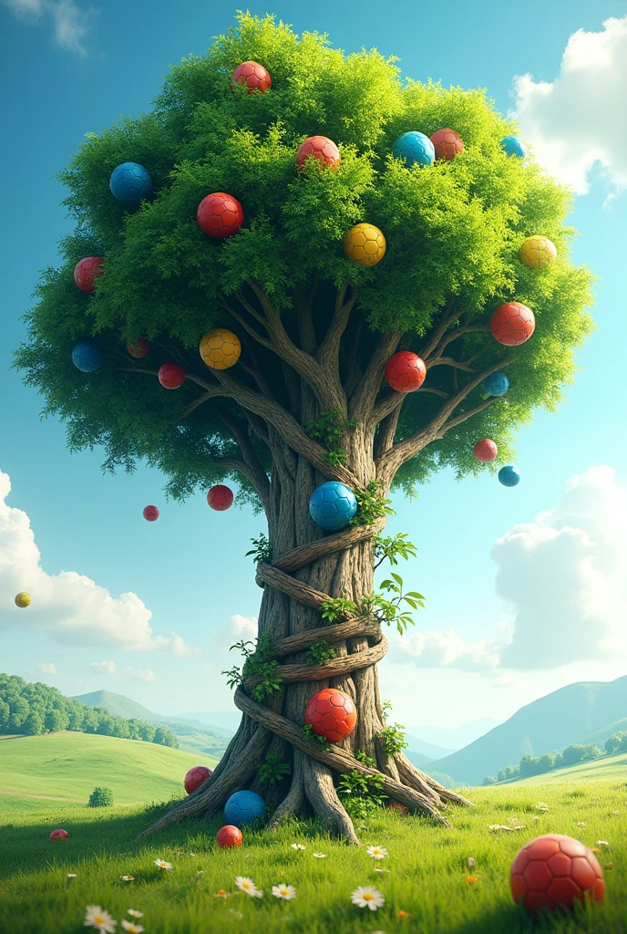 Create an image of a tree with soccer balls