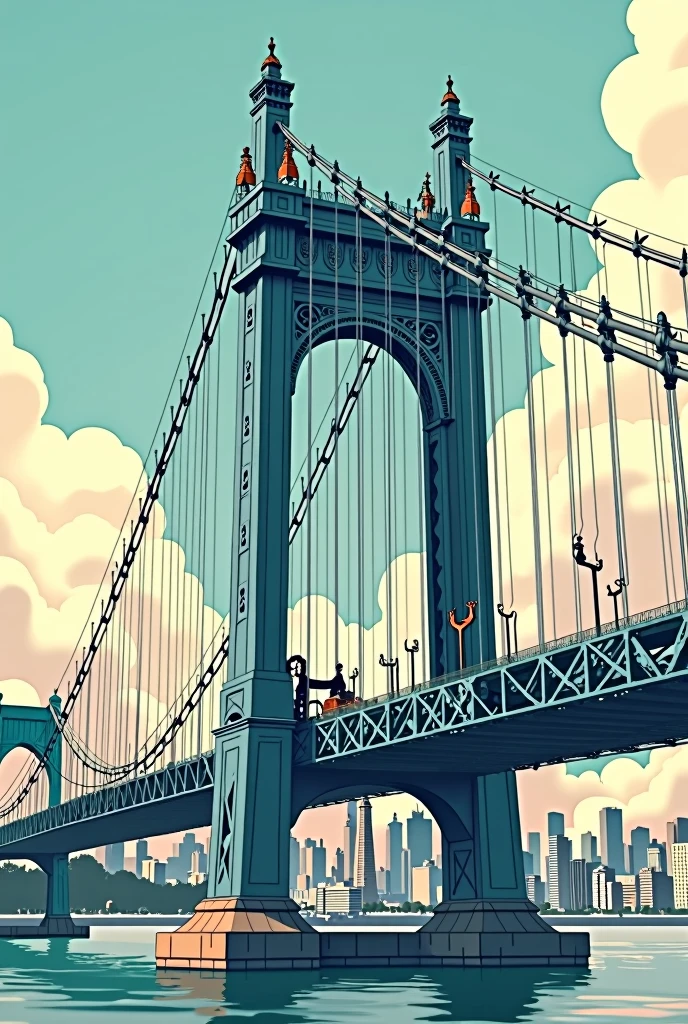 1970s comic book illustration, new york city bridge, tall buildings, manhattan