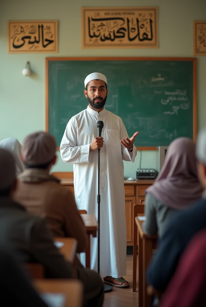 Photorealism:1.2) guru, lelaki, time, Muslim, facing sideways, pointing to the board, next to the blackboard, white, blank board, aesthetics fill the frame