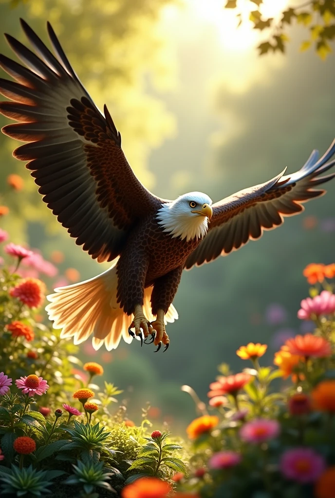 An ultra realistic image of an eagle in a garden with sun and flowers 8k full hd