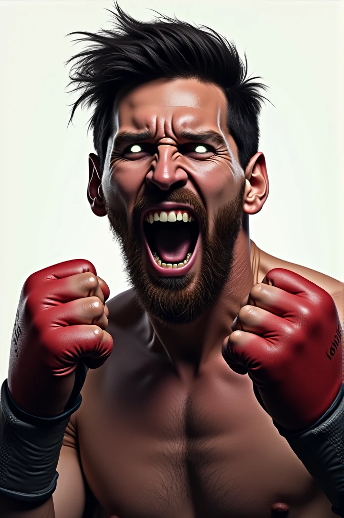 Messi in boxing pose with white eyes and scary smile